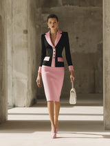【24-hour shipping out】Black Contrast Pink Knitted Jacket And Skirt Set