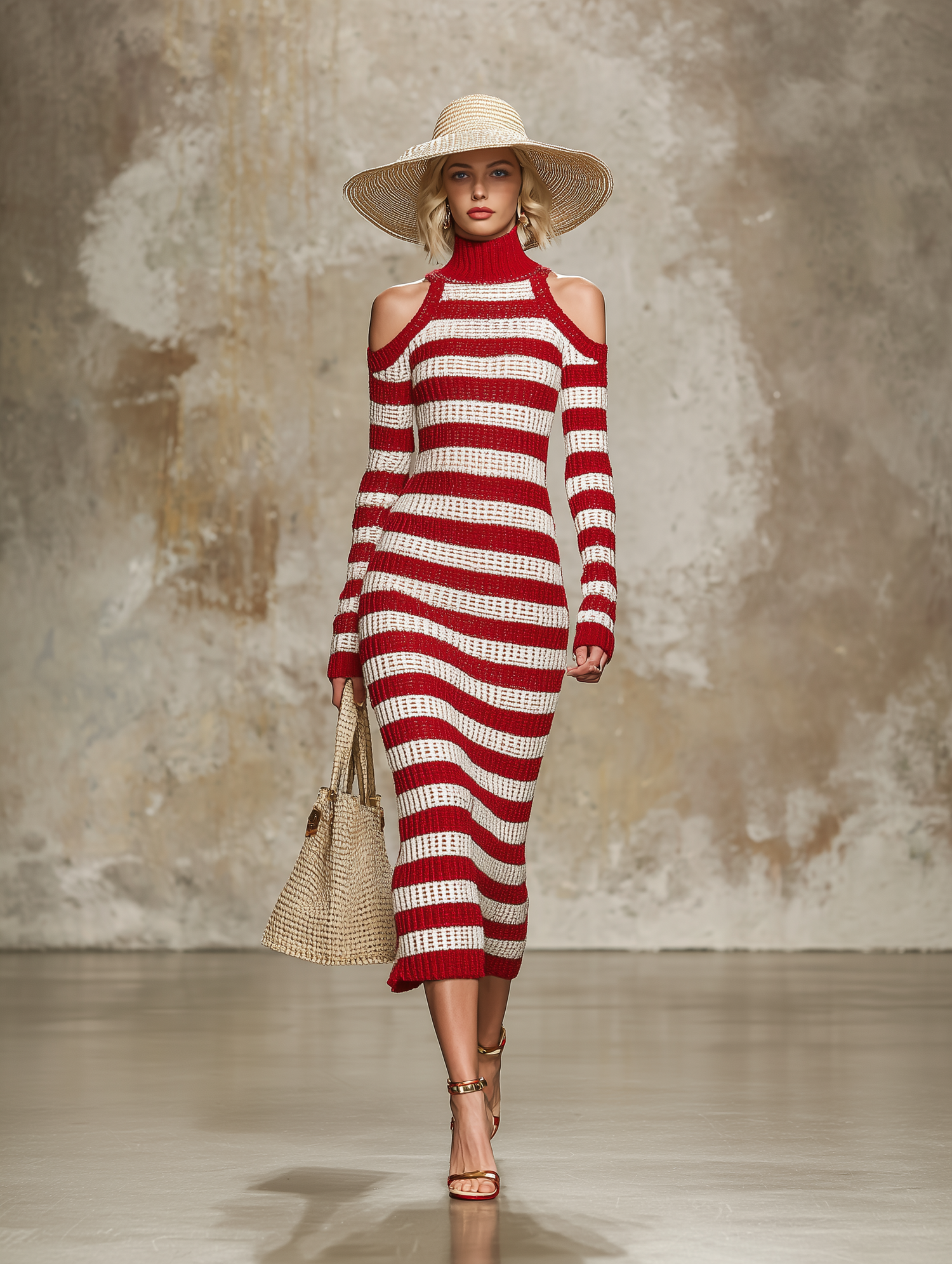 Stylish Knitted Red And White Striped Off-the-shoulder Maxi Dress