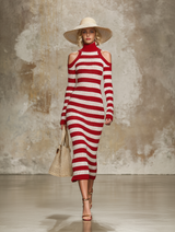 Stylish Knitted Red And White Striped Off-the-shoulder Maxi Dress