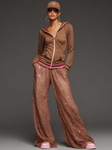 Sporty Retro Brown Hooded Sweatshirt With Leopard Print Chiffon Wide-Leg Pants Set