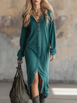 Stylish Vintage-inspired Blue-green Washed Cotton Sweatshirt Midi Dress