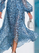【24-hour shipping out】Elegant And Fashionable Chiffon Blue Leopard Print Long Sleeve V-neck Flowing Maxi Dress