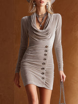Stylish Retro Cowl Neck Gray Button-up Mini Dress