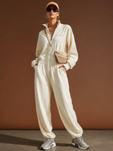 Sporty Retro Embroidered Beige Cotton Long-Sleeved Zipper Jumpsuit
