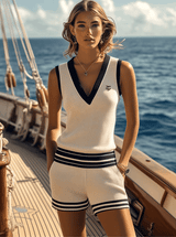 【24-hour shipping out】Casual Retro Sports Navy Blue Trimming Beige Knitted Sleeveless Shorts Set