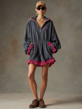 Sporty Retro Color-blocked Ruffled Blue-grey Cotton Embroidered Mini Dress