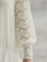 Romantic Bohemian Style Velvet-feel Lace Long-sleeved Irregular Ruffled Hem White Chiffon Maxi Dress