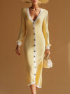 Stylish And Elegant White-trimmed Yellow V-neck Knitted Midi Dress