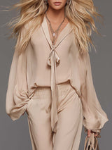 Elegant Flowing Versatile Tie-front V-neck Flared Sleeves Beige Chiffon Blouse And Pants Set