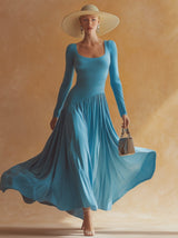 Retro Casual Blue Cotton Patchwork Chiffon Maxi Dress