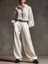 Casual Retro White Cotton And Linen Hooded Drawstring Top And Wide-leg Pants Set