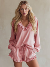 V-neck Ruffled Long-sleeved Top And Shorts Athletic Set