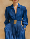 High-end Chic Pleated Royal Blue Satin Maxi Dress