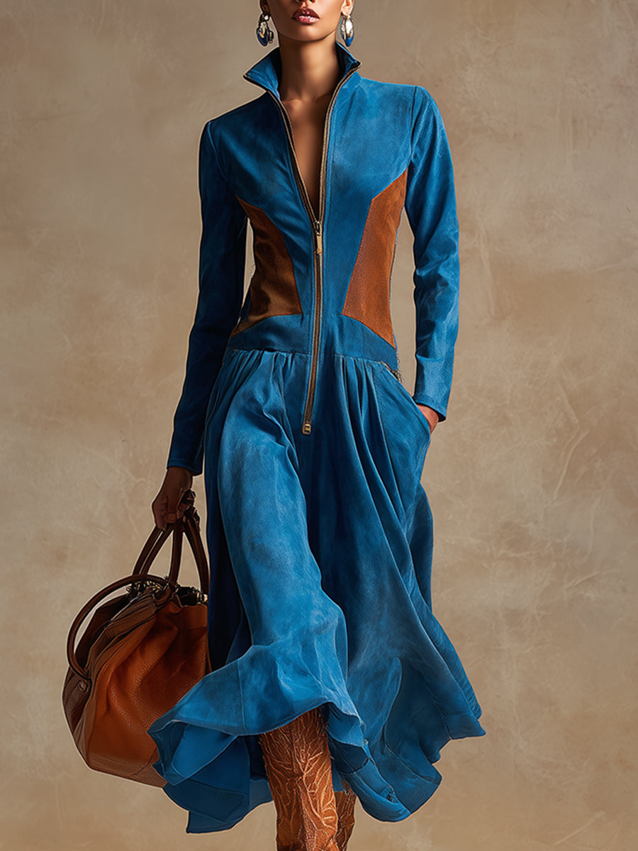 Vintage And Elegant Blue And Brown Faux Suede Patchwork Maxi Dress