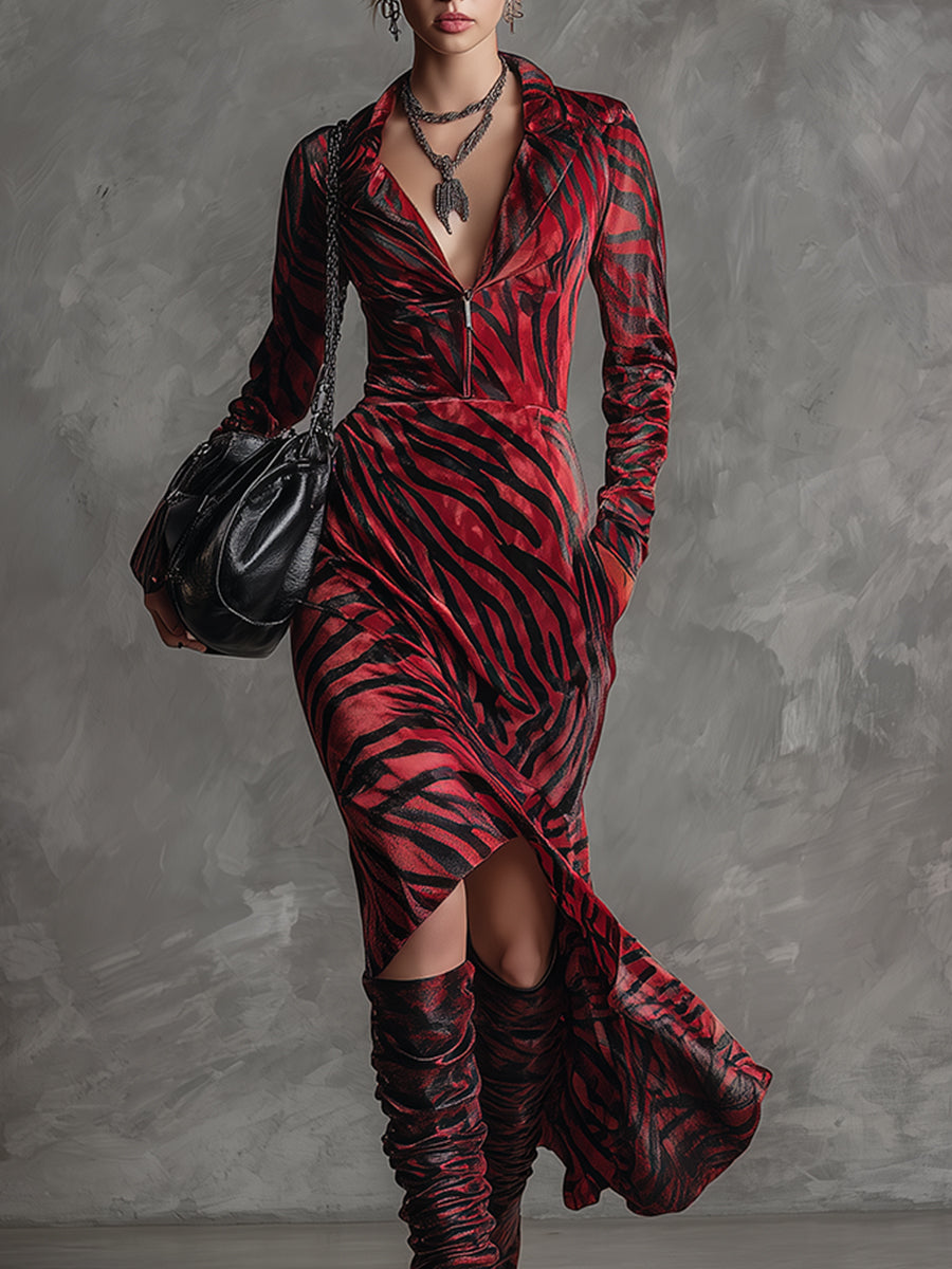 Elegant And Classic Red Zebra-print Lapel Velvet Maxi Dress