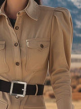 Retro Western Style Light Khaki Long-sleeved Faux Suede Mini Dress