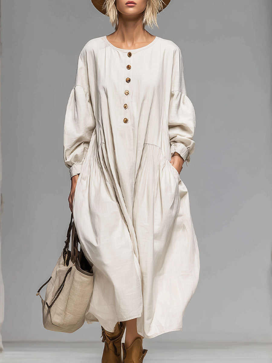 Loose Round-neck Button-front Double-pocket Cotton Long-sleeved Midi Dress