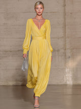 Yellow Pleated Chiffon V-neck Long-sleeved Jumpsuit
