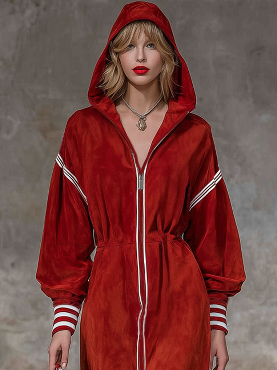 Loose Color-blocked Woven Ribbon Long-zippered Hooded Faux Suede Long-sleeved Midi Dress