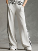 Sporty Black Striped Light Gray Sleeveless Hooded Sweatshirt And Wide-Leg Pants Set