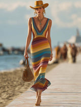 【24-hour shipping out】Retro Western Style V-Neck Colorful Striped Breathable Knitted Maxi Dress