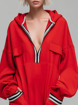 Loose-fitting Color-blocked Ribbed Pocketed Hooded Long-sleeved Mini Dress
