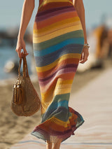 【24-hour shipping out】Retro Western Style V-Neck Colorful Striped Breathable Knitted Maxi Dress