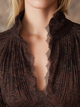 Elegant V-neck Lace Print Mocha Brown Long-sleeved Shirt