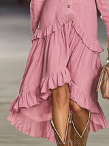 Western-style Pink Button-up With Ruffle Trim Midi Dress