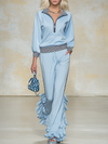 Athletic And Casual Long-sleeved Top And Ruffled Pants Set