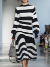 Fashionable Black And White Striped Long-sleeved Midi Dress