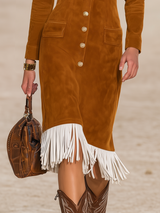 Vintage Western Style V-neck Fringed Faux Suede Dress