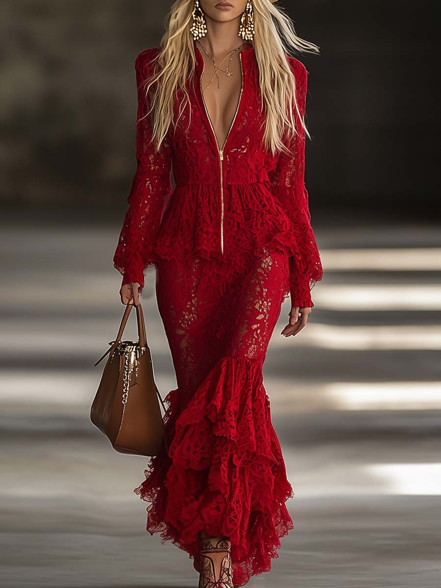 Fashion Western Long Sleeve Zipper V Neck Hem Ruffle Red Lace Maxi Dress