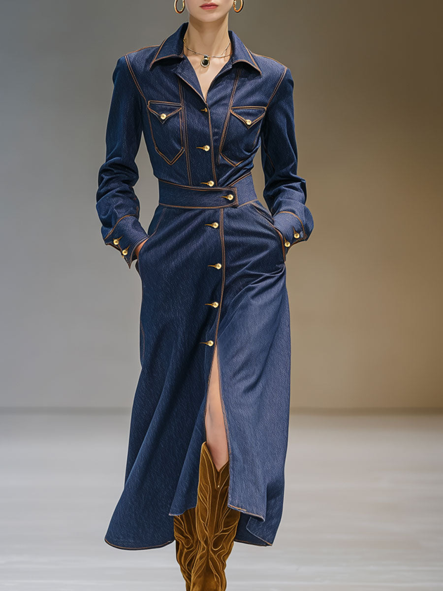 Fashionable Retro Long-sleeved Dark Blue Denim Cardigan Midi Dress