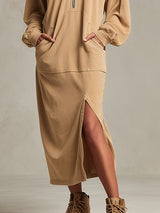 Casual Sporty Retro Camel Hooded Sweatshirt With Slit Midi Dress