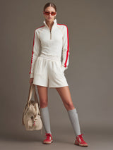 Sporty Retro Red Trim White Cotton Half-Zip Long-Sleeve Sweatshirt And Shorts Set