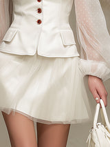 Fashionable Retro White Polka Dot Tulle Long-sleeved PU Suit Skirt Set