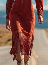 Western Retro Red Faux Suede Embroidered Long-Sleeved Tassel Midi Dress