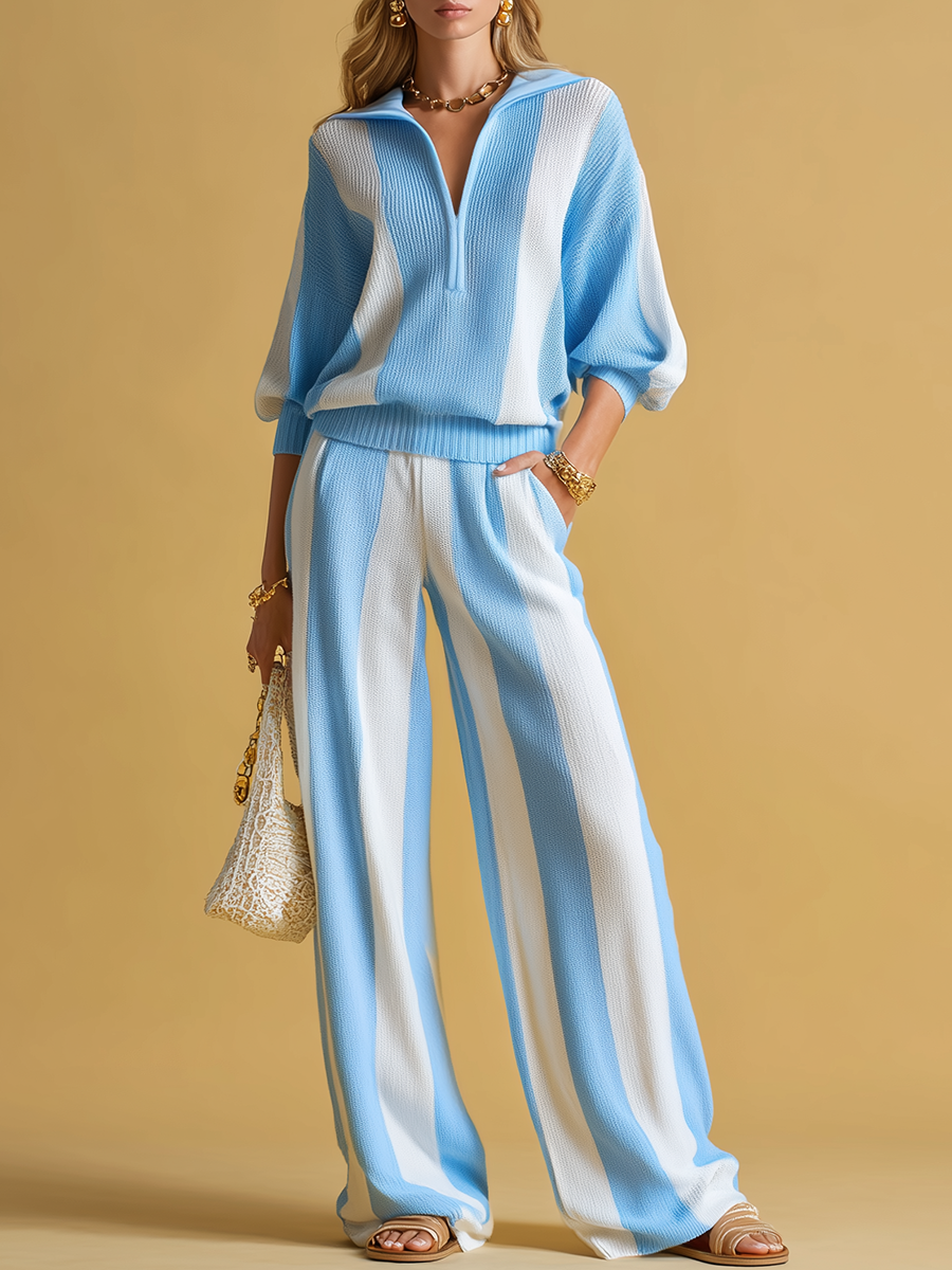 Casual And Comfortable Striped Knit Two-piece Set