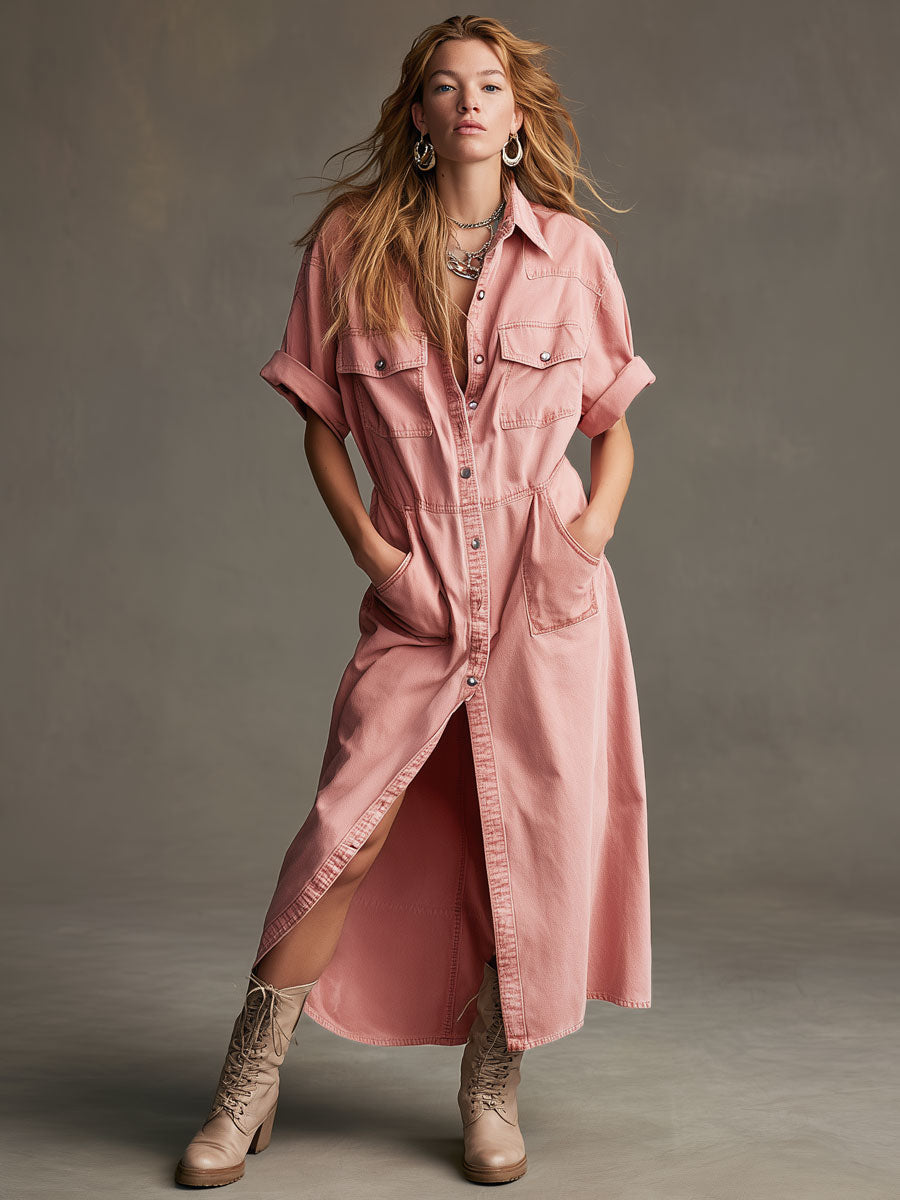 Casual Retro Pink Denim Short-sleeved Shirt Maxi Dress