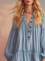 Elegant Western Loose V-neck Front Button Ruffled Hem Light Blue Denim Mini Dress