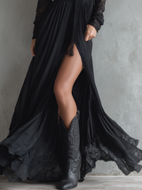 Stylish Western-style Lace-paneled Split Black Maxi Dress