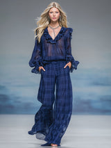 Plaid Print V-neck Ruffled Long-sleeved Top And Wide-leg Pants Set