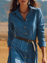 Retro Western Style Blue Long-sleeved Faux Suede Midi Dress