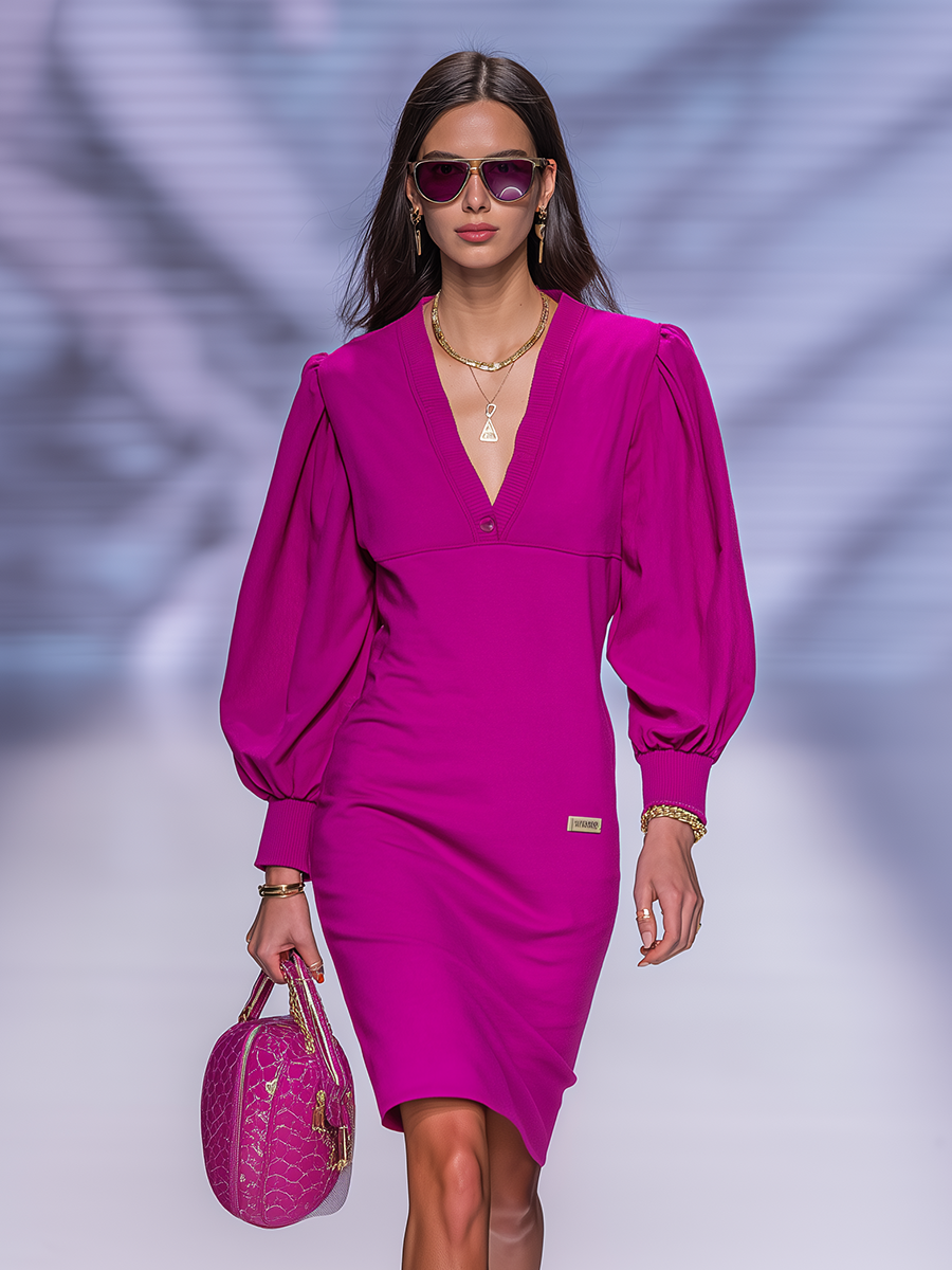 Retro Sporty V-neck Puff-sleeve Mini Dress