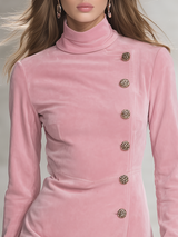 Retro-style Stand-up Collar Decorative Buttons Faux Suede Mini Dress