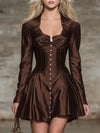 Elegant Brown Satin Mini Dress With Buttons