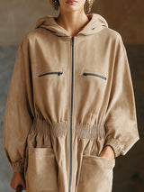 Casual And Stylish Multiple Pockets And Zippe Beige Hooded Midi Dress