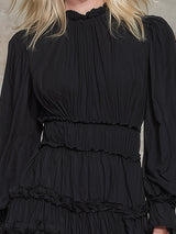 Elegant Black Round-neckWith Ruffled Trim Mini Dress