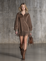Western-style Faux Suede Brown And Leopard Print Patchwork With Tassels Mini Shirt Dress